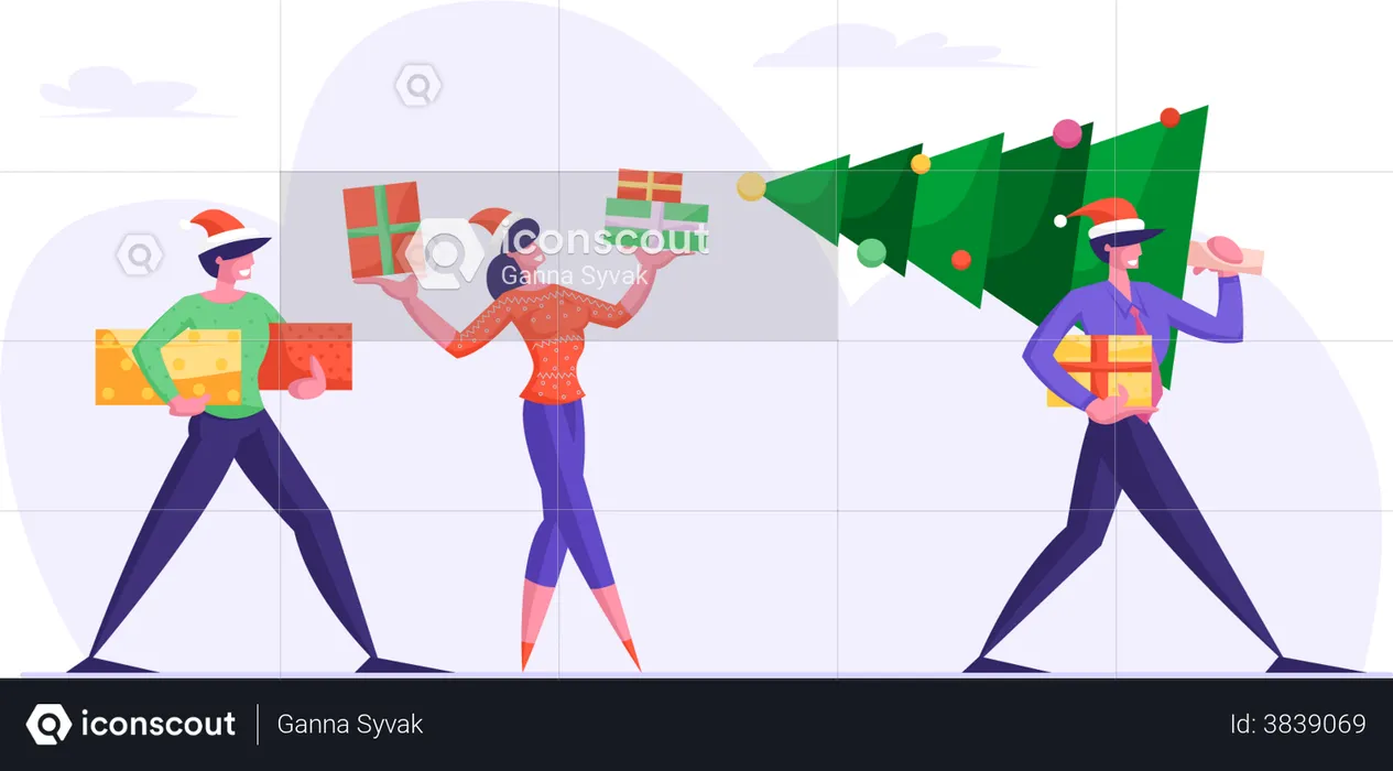 Geschäftsmann trägt Weihnachtsbaum und bereitet sich auf die Winterferien vor  Illustration