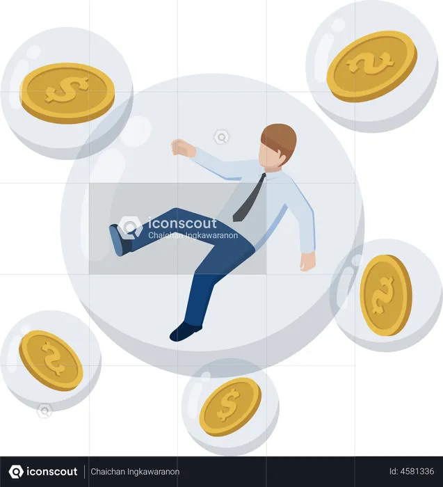 Geschäftsmann und Dollarmünze schweben in Blasen  Illustration
