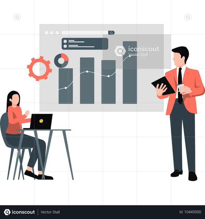 Geschäftsmann und Frau diskutieren Analysediagramm  Illustration