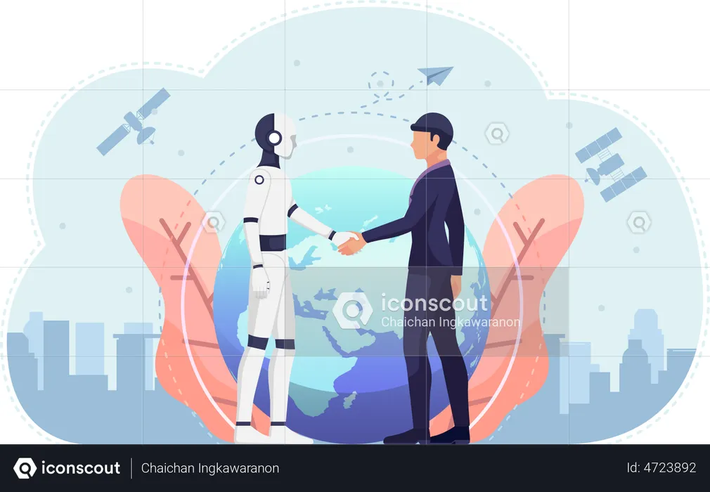 Geschäftsmann und KI-Roboter schütteln die Hand  Illustration