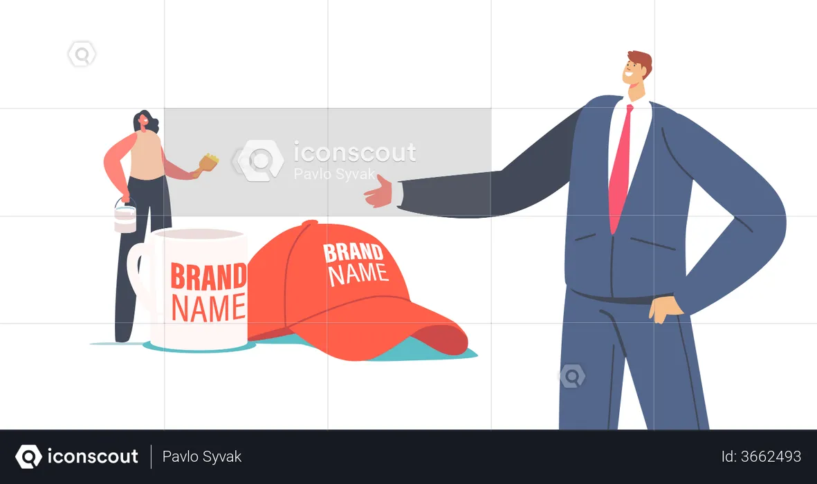 Geschäftsmann und Verkäuferin präsentieren Firmenidentität  Illustration