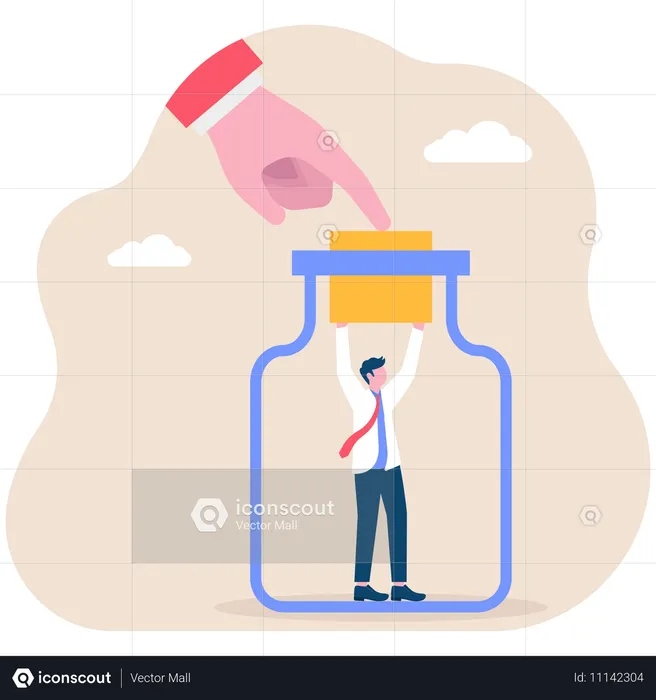 Geschäftsmann durch riesigen Korken in Flasche blockiert  Illustration