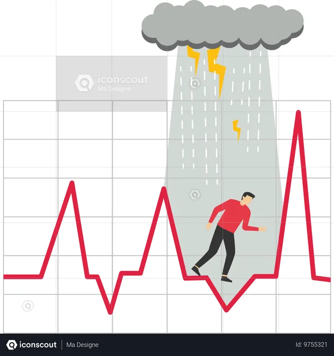 Geschäftsmann wird im Regen nass, während er ohne Regenschirm auf einem Aktiendiagramm steht  Illustration