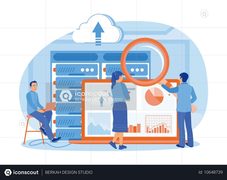 Das Geschäftsteam analysierte Daten auf dem Laptop und speicherte sie online im Rechenzentrum  Illustration