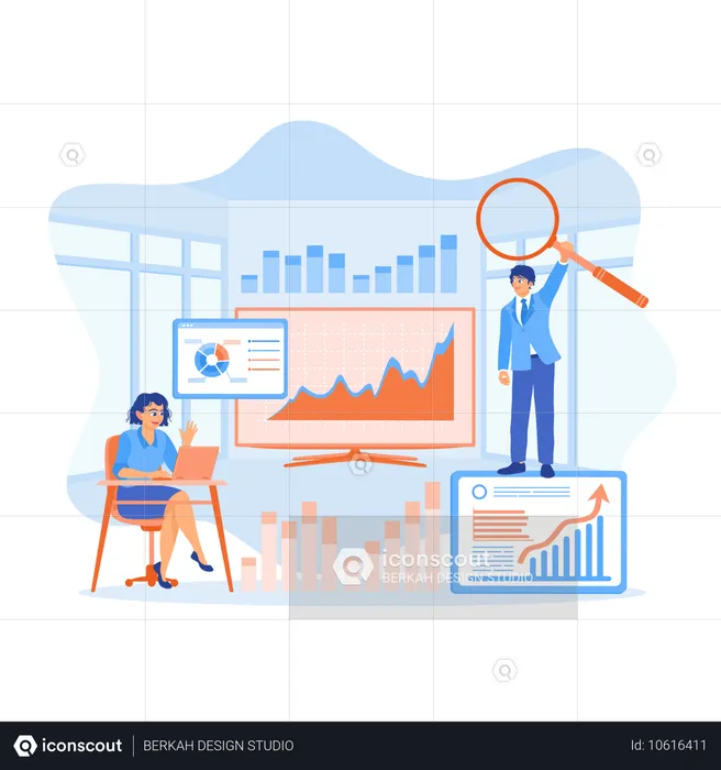 Geschäftsteam arbeitet am Monitor, um Diagramm-Dashboard anzuzeigen  Illustration