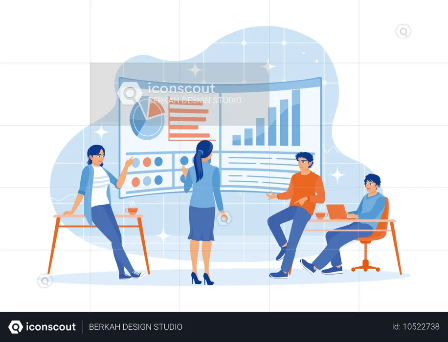 Das Geschäftsteam bespricht im Büro Diagramme zur Geschäftsentwicklung  Illustration