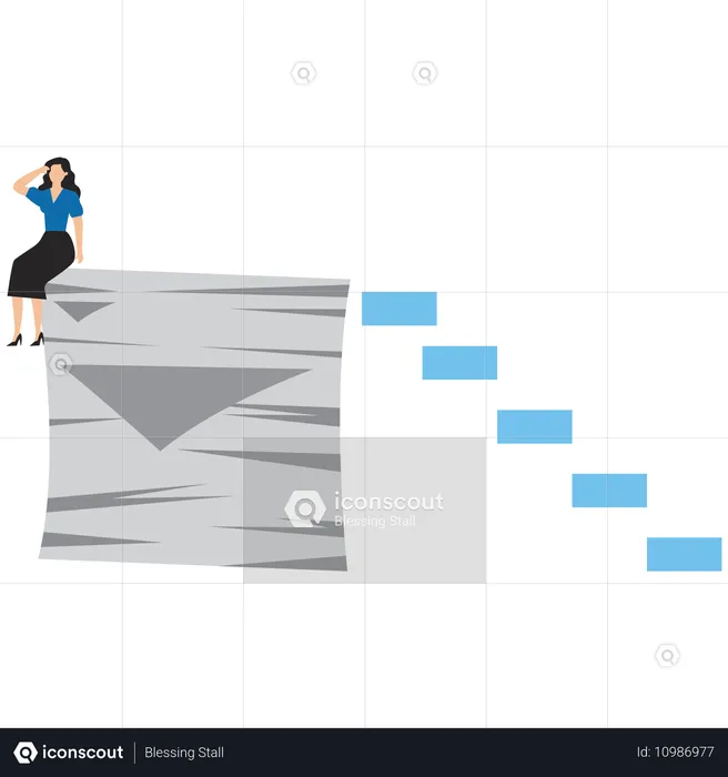 Gestresste Geschäftsfrau sitzt auf Arbeitsunterlagen, die sich stapeln  Illustration