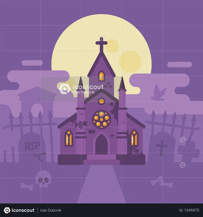 Ghost Chapel Halloween Scene  Illustration