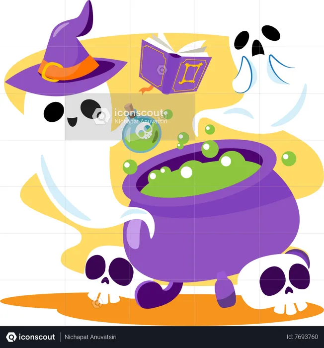 Ghost with witch's hat making potion  Illustration