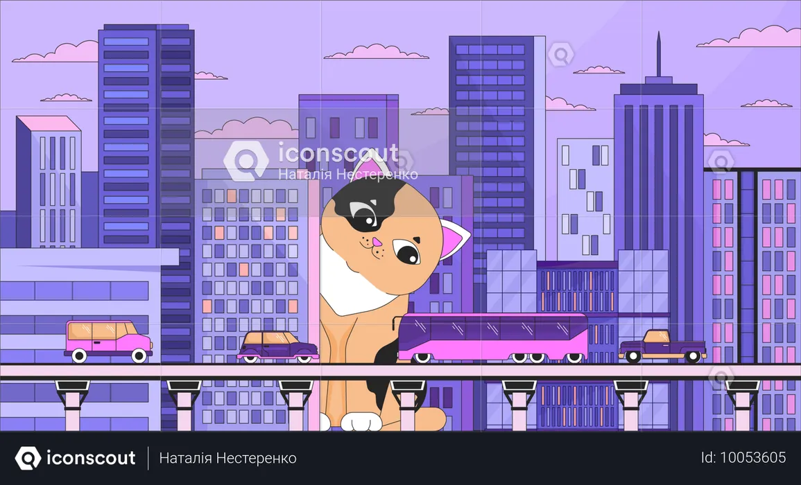 Giant cat watching over city  Illustration