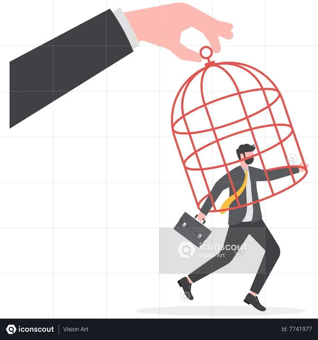 Giant hand capturing a running businessman with birdcage  Illustration