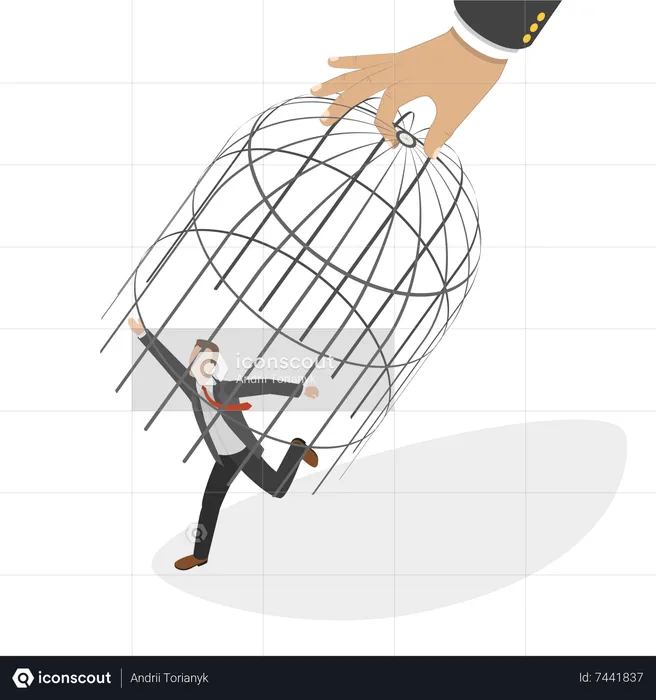 Giant Hand Capturing Running Businessman with Birdcage  Illustration