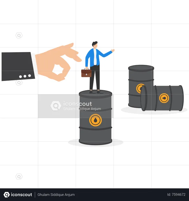 Giant hand flicking manager standing on oil barrel  Illustration