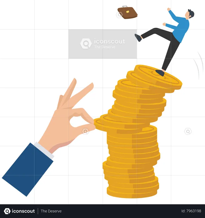 Giant hand pull back money from coin stack causing investor to fall down  Illustration