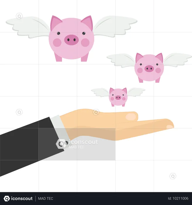 Giant hands holding flying pink piggy banks  Illustration