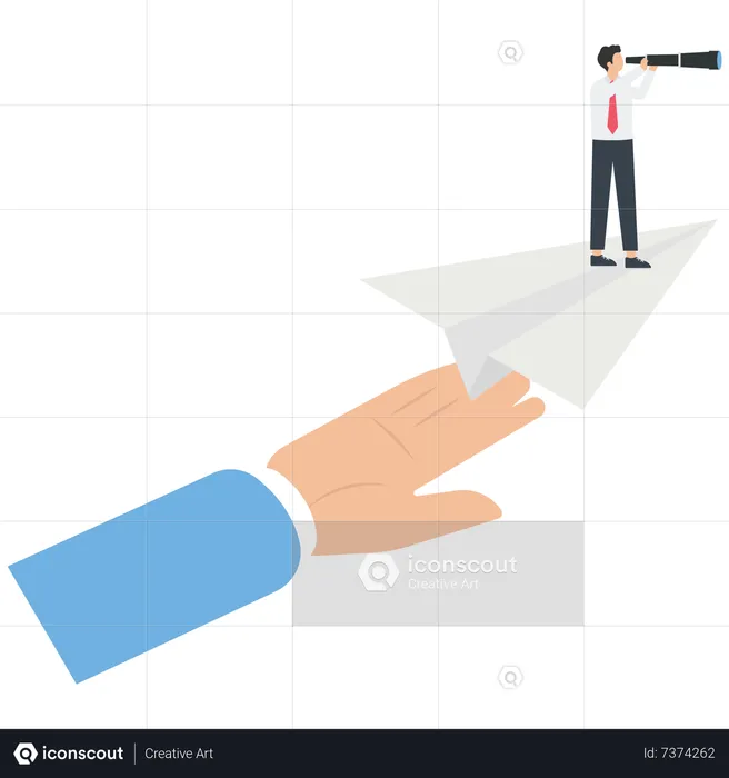 Giant helps businessman stand flying on paper plane and explore through telescope  Illustration