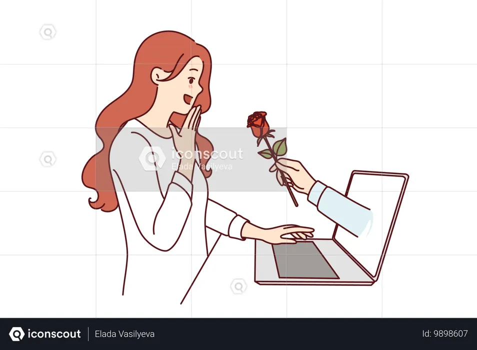出会い系サイトを利用する熱心な女性の近くのノートパソコンの画面に、インターネットファンからの花の贈り物  イラスト