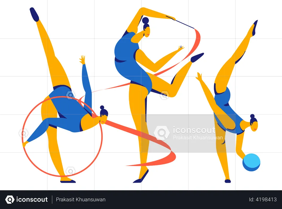 Ginasta feminina realizando elementos de ginástica rítmica com bola e fita  Ilustração