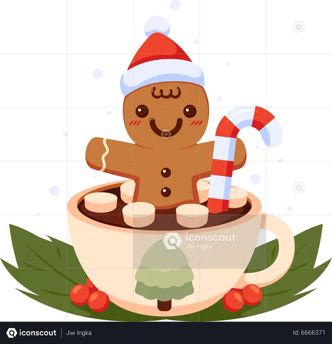 Gingerbread Man with Christmas Santa Hat inside Coffee Cup  Illustration
