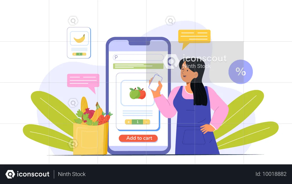 Girl adding fruit in cart while doing groceries shopping using mobile  Illustration