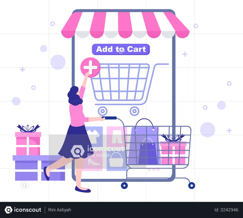 Girl Adding Online Shopping Product To Cart  Illustration