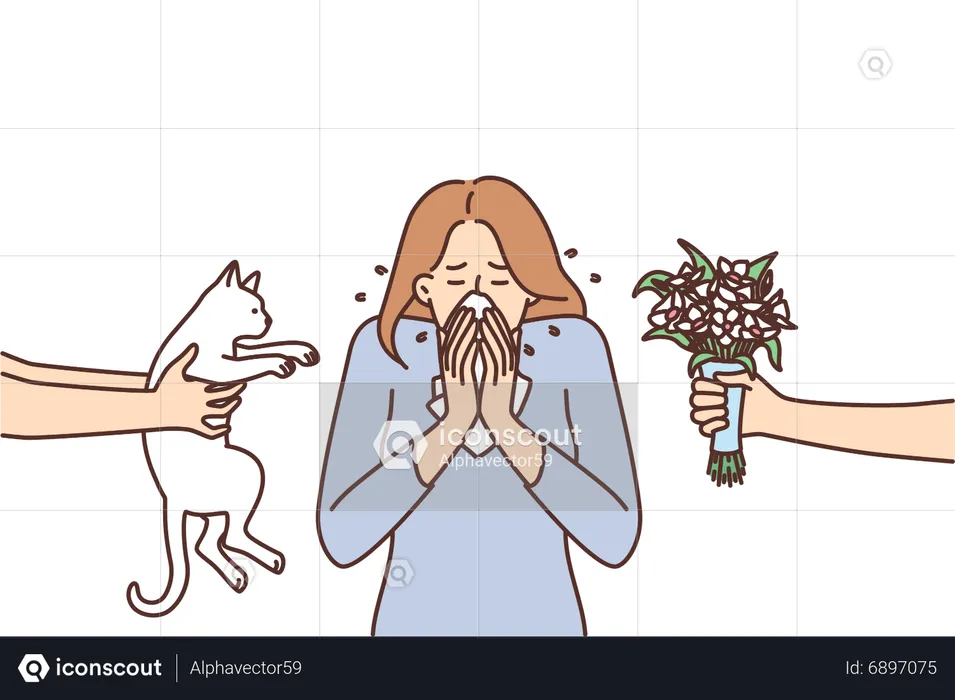 Girl allergic to cat and pollen  Illustration