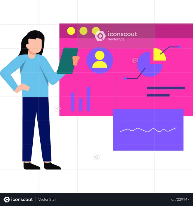 Girl analyst is looking at the users chart graph  Illustration