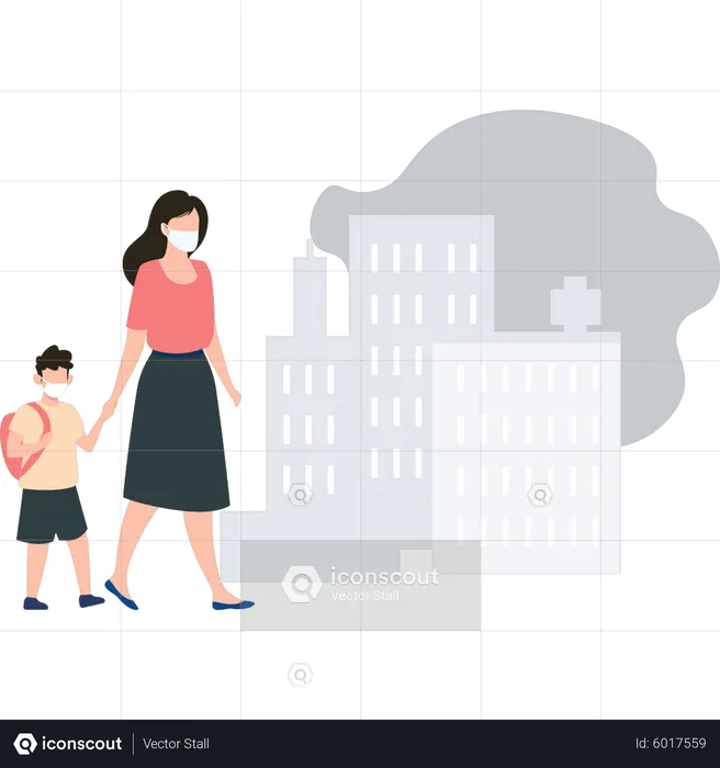 Girl and a child wearing a mask are walking  Illustration