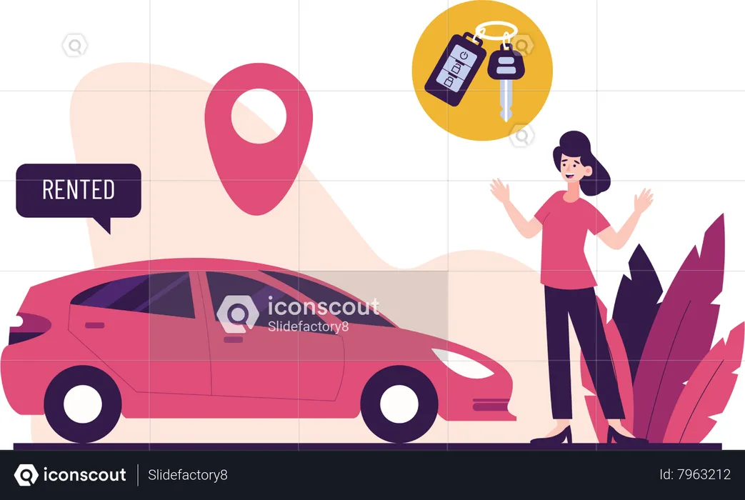 Girl and Arrived Car Rent  Illustration