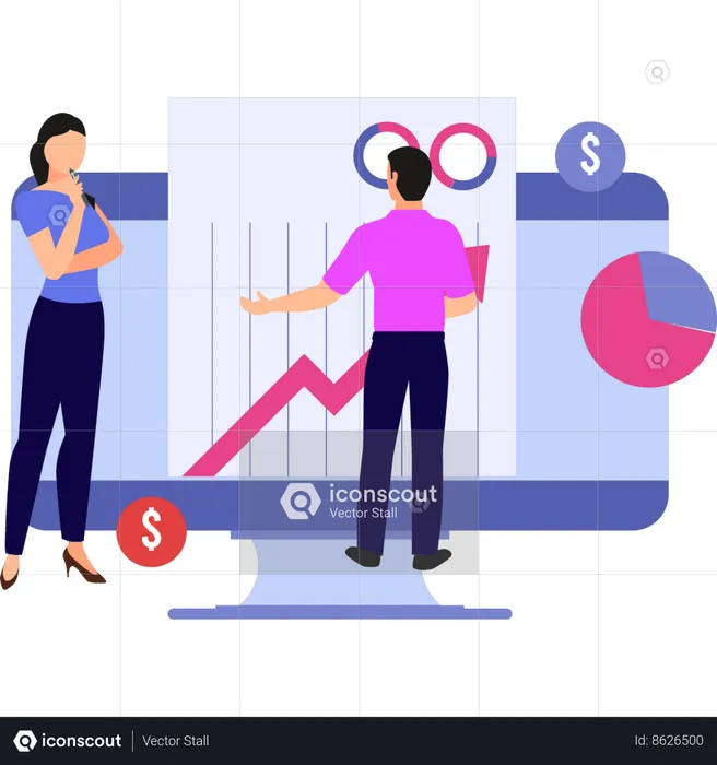 Girl and boy are discussing about a finance graph on screen  Illustration