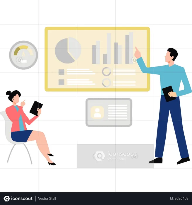 Girl and boy are discussing about marketing graph  Illustration