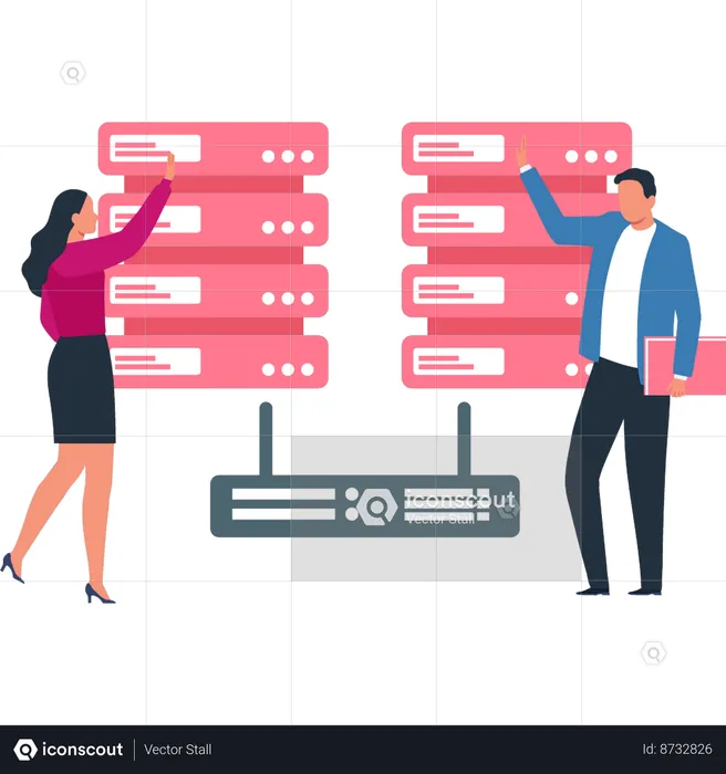 Girl and boy are pointing to database servers  Illustration
