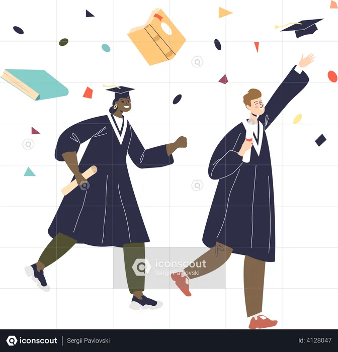 Girl and boy celebrating graduation by throwing caps up  Illustration
