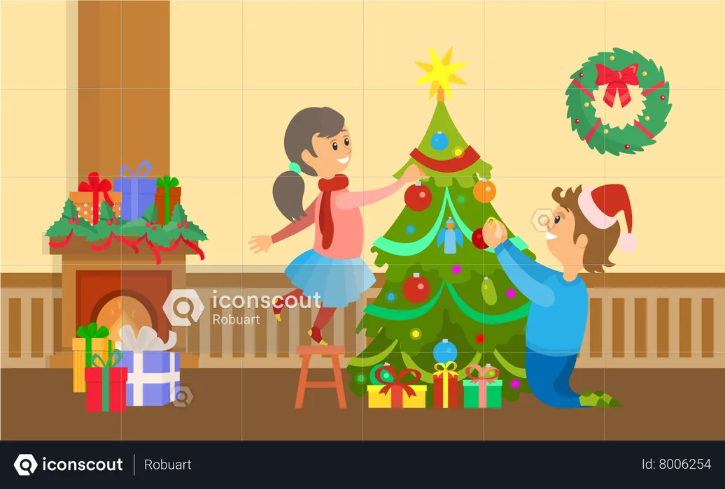 Girl and boy doing christmas Preparation and Decorated Tree at Home  Illustration