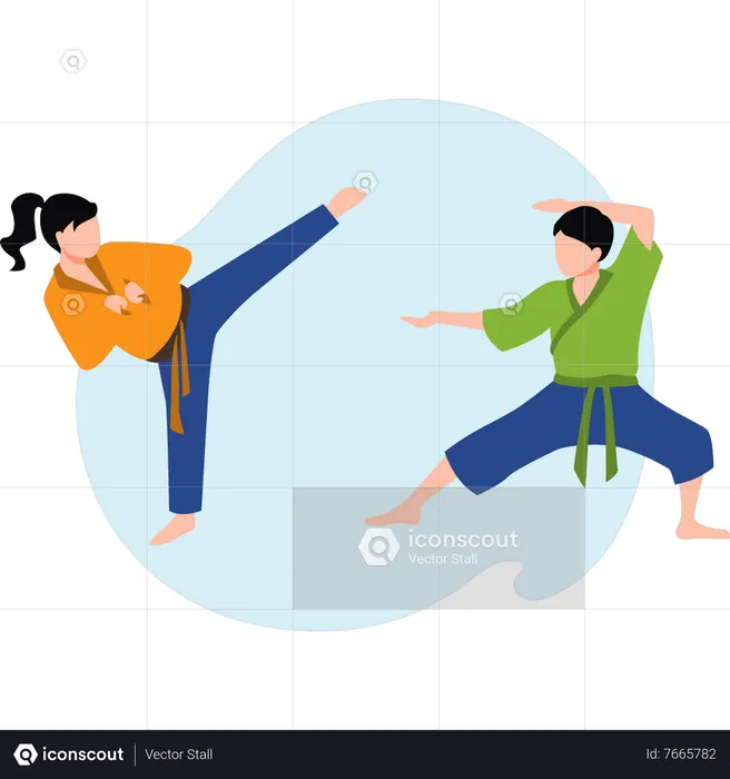 Girl and boy doing karate practicing  Illustration