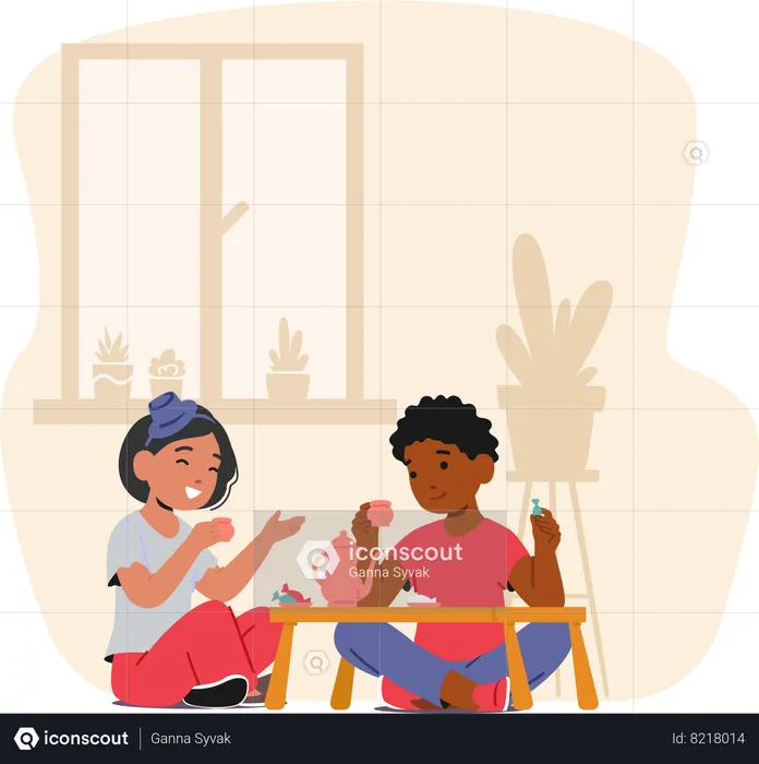 Girl And Boy Gather For Charming Tea Party  Illustration
