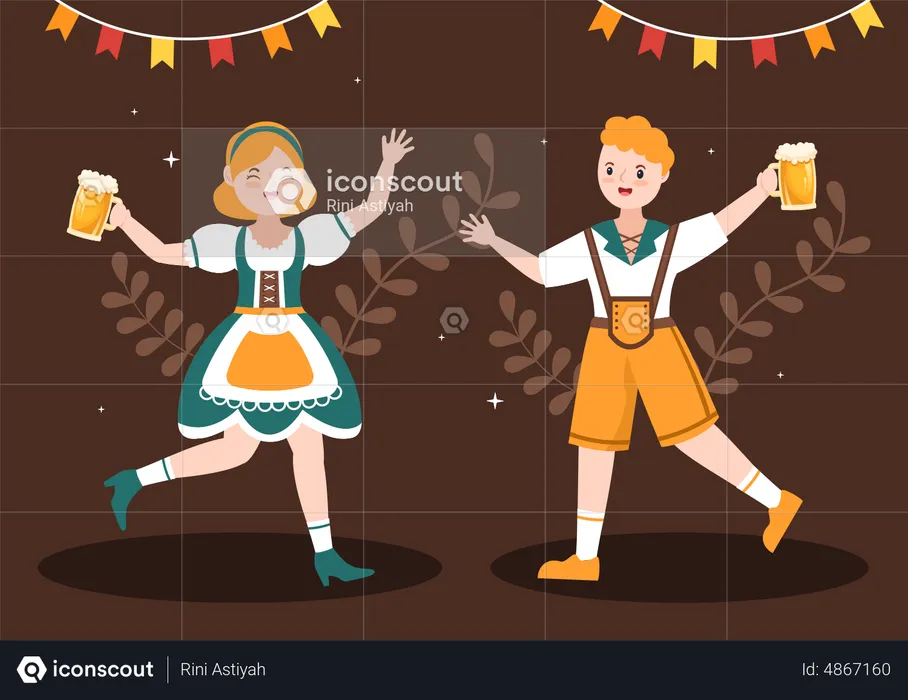 Girl and boy holding beer glass while dancing on Oktoberfest Festival  Illustration