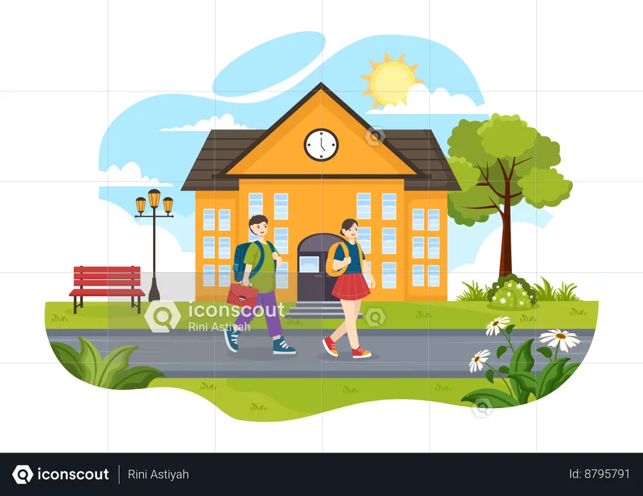 Girl and boy Leave School Building After Class  Illustration