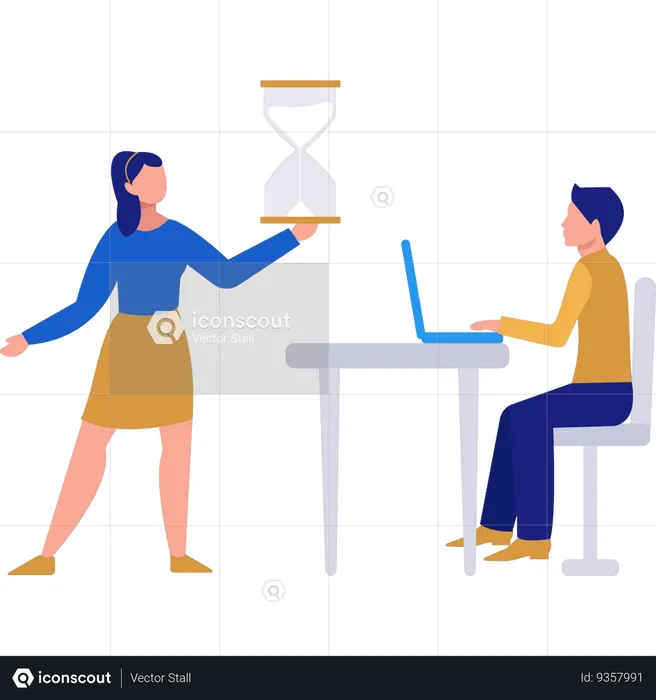 Girl and boy looking at sandglass  Illustration