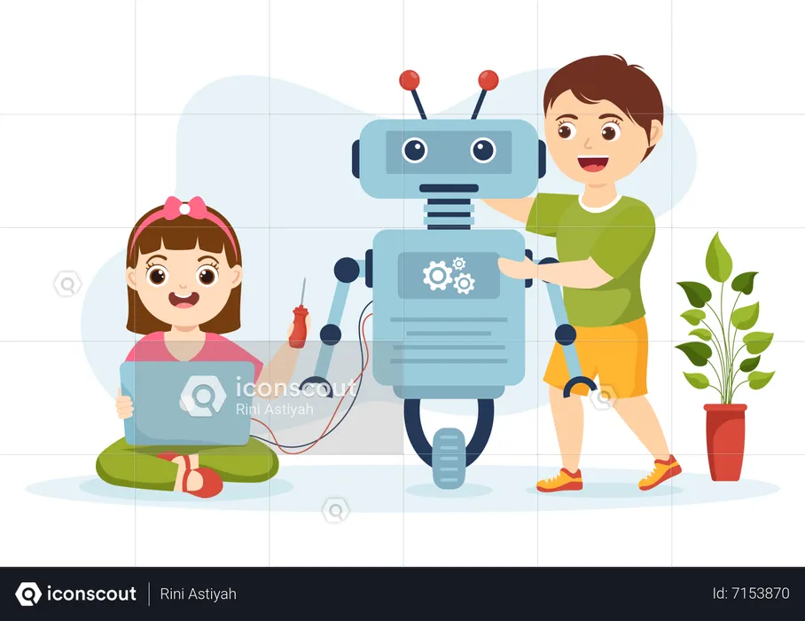 Girl and boy making Robotics School  Illustration