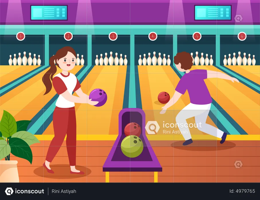 Girl and boy Playing Bowling Game  Illustration