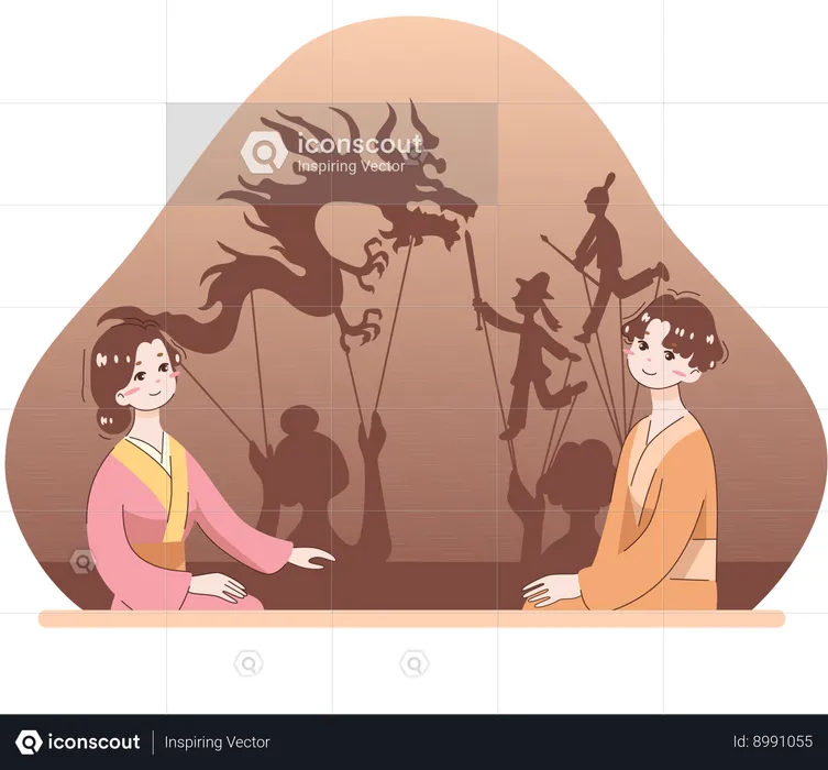 Girl and boy playing puppet show  Illustration