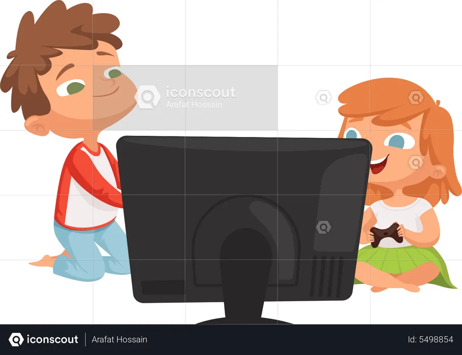 Girl and boy Playing Video Games  Illustration