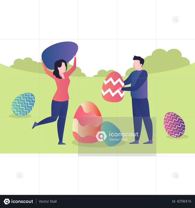 Girl and boy playing with Easter eggs  Illustration