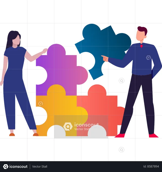 Girl and boy pointing at jigsaw puzzle  Illustration