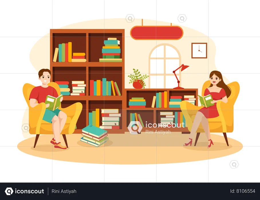 Girl and boy reading book in Library  Illustration