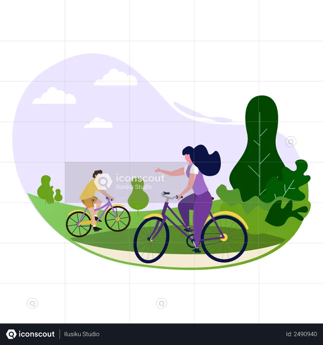 Girl and boy riding bicycle in park  Illustration