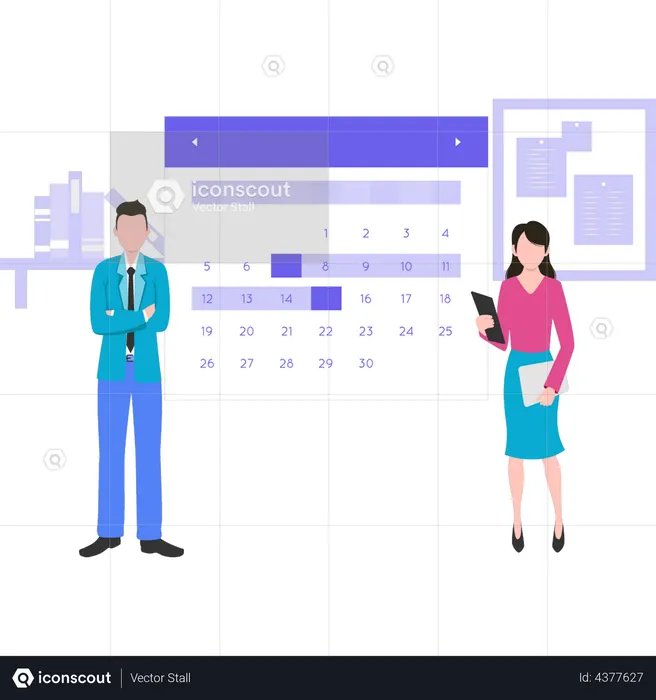 Girl and boy standing by the calendar  Illustration