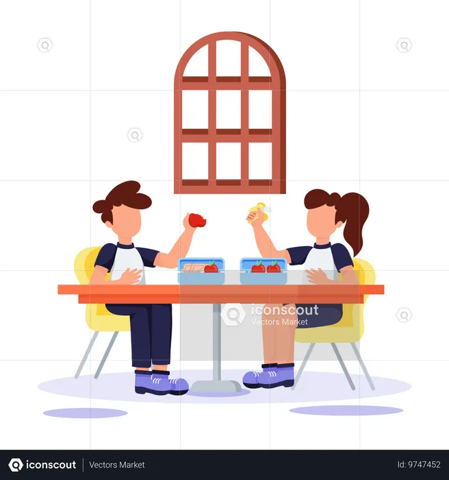 Girl and boy taking meal in Lunchtime  Illustration
