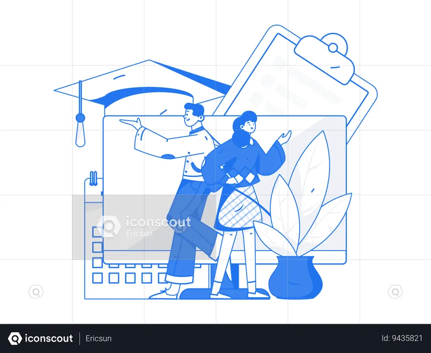 Girl and Boy taking Online graduation course  Illustration